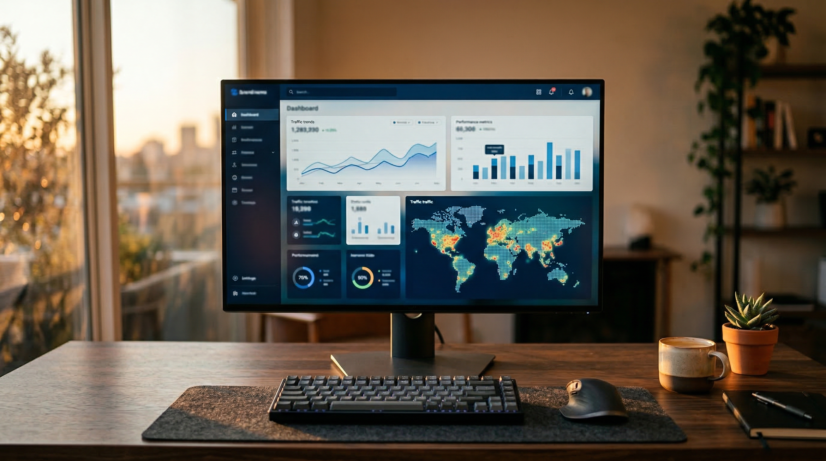 Website analytics dashboard showing global traffic and performance metrics on a premium workspace